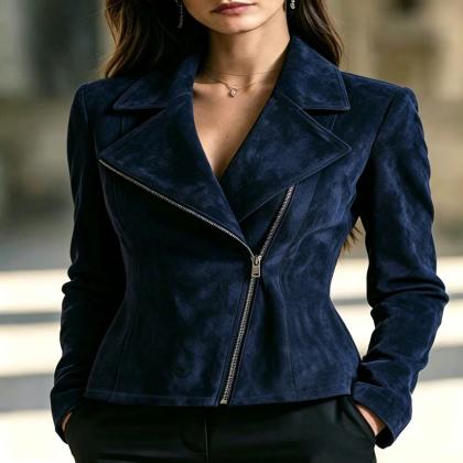 Deerskin Fleece Short Jacket For Women, Slim-fit Diagonal Zipper Lapel Jacket, Elegant Slimming Top