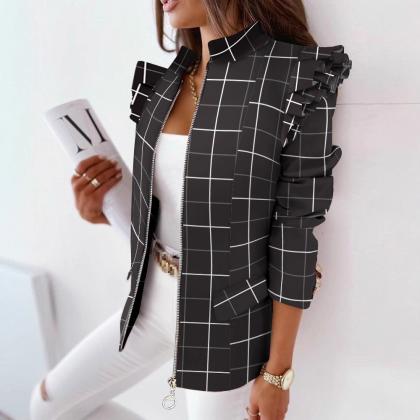 2021 Independent Station Wish Amazon Explosions Autumn And Winter Ruffled Long Sleeve Zipper Printed Suit Jacket For Women