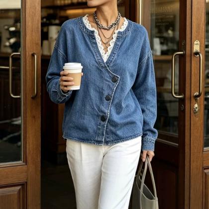 Women's Lace-panel Asymmetrical Denim Jacket
