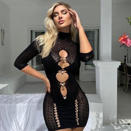 Rhinestone-cutout Sexy Lingerie Mesh Dress