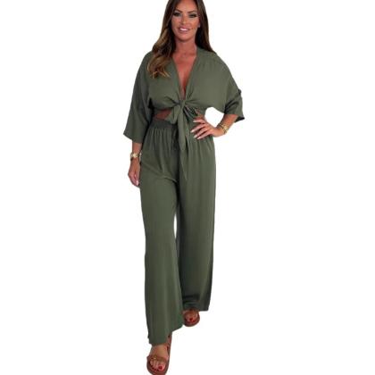2025 Independent Station European And American Foreign Trade Cross-Border Amazon Summer Fashion Solid Color Lace-Up Shirt High-Waisted Straight Casual