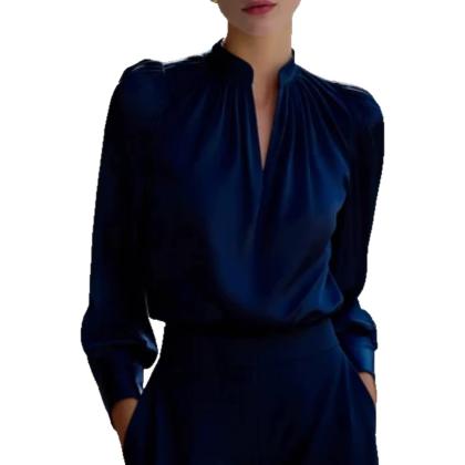2026 European And American Cross-Border Foreign Trade New Style Satin Stand-Up Collar Puff Sleeve Long-Sleeve Shirt Women's Workwear Top