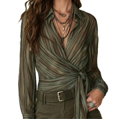 Fashionable Contrasting Striped Cross-Tie Waist-Slimming Long-Sleeve Shirt