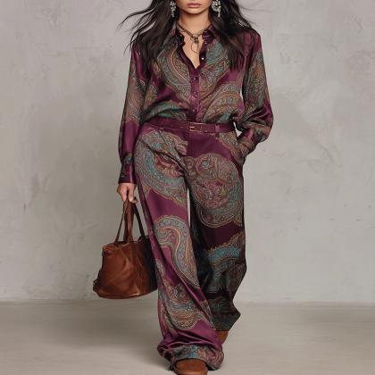 2026 New European And American Style Paisley Print Long-sleeve Shirt And Wide-leg Pants Set Belt Not Included For Cross-border Sales