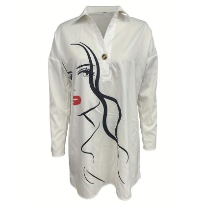 Women Abstract Portrait Print Button Down Shirt Collar Roll Sleeve Loose Blouse