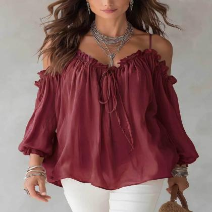New Autumn Women's Shirt, Ruffle Collar Casual Camisole Off-Shoulder Lace-Up Top