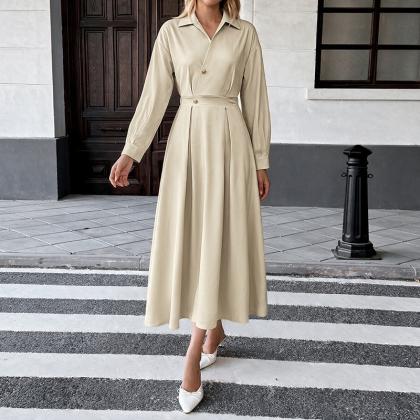 2026 Autumn And Winter New Simple Commuting Style Shirt Dress Solid Color Turned-down Collar V-shaped Fitted Dress